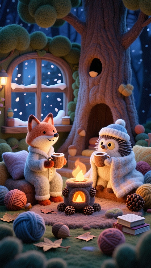 夜晚，森林里一棵大树洞屋内。一只穿着连体睡衣的小狐狸、一只裹着小毯子的刺猬和一只戴着睡帽的猫头鹰，正围着一个由松果改造的小暖炉。它们捧着橡果杯子，里面是热可可，看着窗外飘落的雪花。屋内堆满了毛线球、落叶枕头和小书本。
