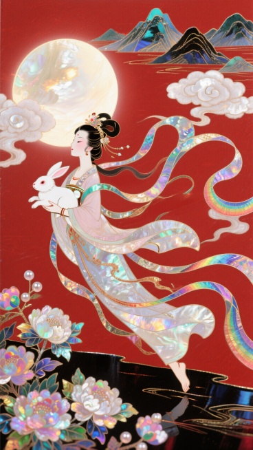 日漫风格，嫦娥怀抱玉兔奔向一轮圆月，衣摆飘逸。周围环绕着祥云和盛开的花朵，背景山脉，红色底色，非常规的动态构图预览效果