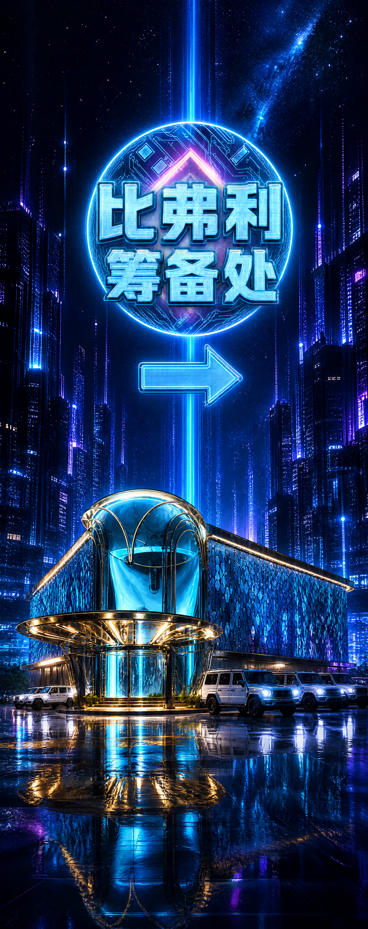 赛博朋克未来科技风竖版海报，蓝紫色霓虹色调。画面中上部有一个发… - 图片创意预览
