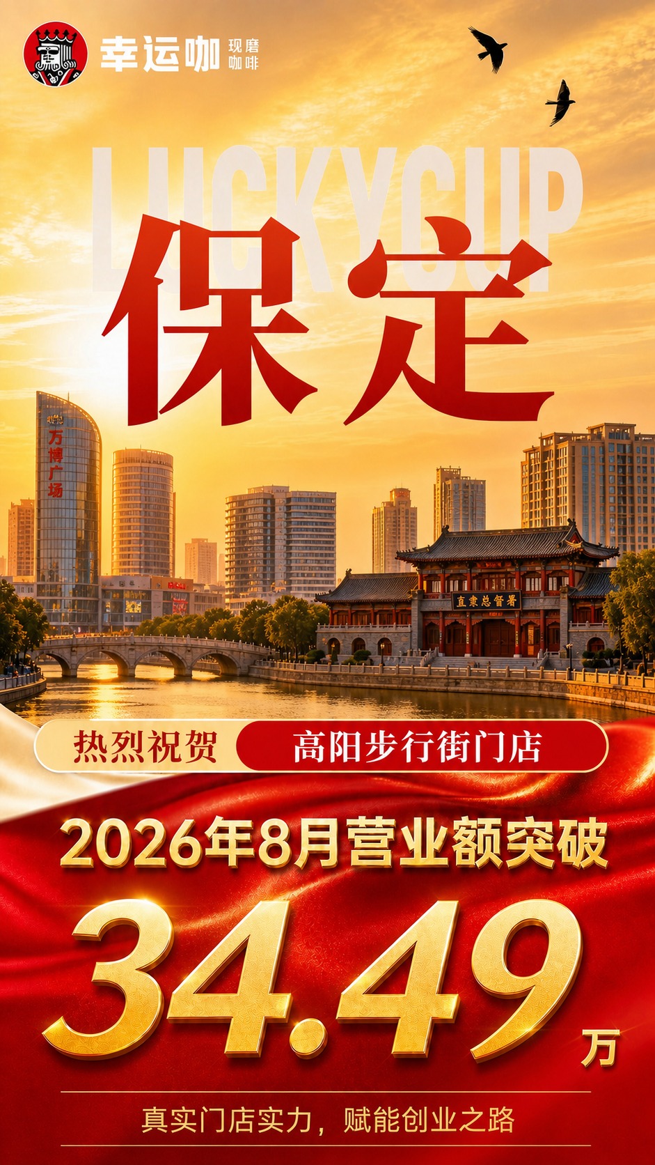 基于参考图的版式骨架进行复刻，将城市从天津改为保定，门店名改为… - 图片创意预览