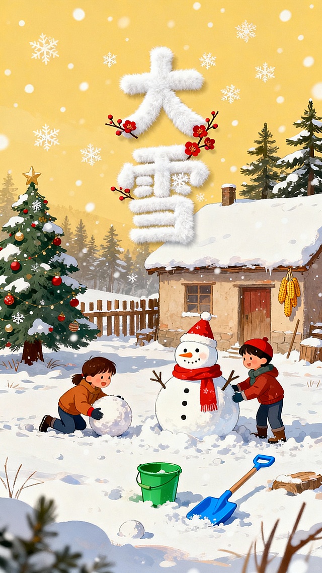 插画风雪景中，孩子们堆雪人，温馨可爱。大字“大雪”以毛发生长风呈现，点缀红梅，水彩质感渲染冬日暖意。