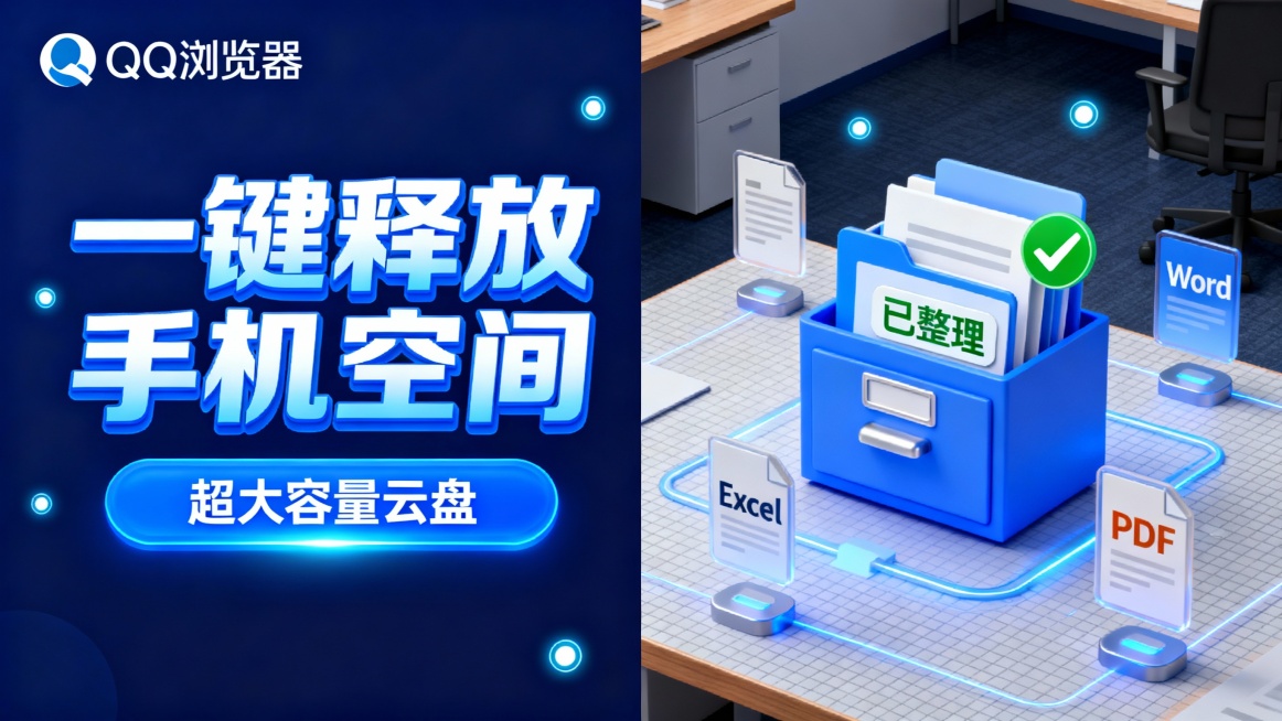 左侧深蓝色背景，左上角QQ浏览器logo，大号蓝白渐变立体标题“一键释放手机空间”，下方蓝色发光按钮“超大容量云盘”；右侧3D立体展示一个文件柜图标（含“已整理”标签与绿色对勾），周围悬浮着代表不同文预览效果