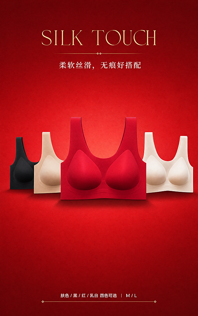 [商品] 使用【图3】红色款、【图5】肤色款、【图6】乳白款、【图7】黑色款内衣正面产品图；四色同款，保留背心式结构、U型领、宽肩带、立体杯面和各自颜色；红色款居中放大作为主推，其余三色对称排布两侧稍小；增强面料细腻质感和立体弧度。
[画面] 第9张·品牌收尾页。正红#C8102E渐变底，留白≥35%。四色内衣产品并列居中陈列：正红色款居中放大（主推），肤色和乳白色在左右第二层，黑色在最外层，形成对称金字塔布局。上方居中放英文主标题+中文副标题，底部大面积留白收尾。背景正红到绛红竖向渐变，细腻织物纹理。
[视觉] 套系策略：风格=高级杂志风商业摄影；标题字=纤细优雅宋体+轻描边；正文字=简洁无衬线体；主色=正红#C8102E；背景延展=正红到绛红#8E1B1B竖向渐变，细腻纸张/织物纹理；强调色=暖金#C9A96A，仅用于英文标题和细装饰；标题色=米白#FFF6EE；正文色=米白#FFF6EE；组件=细金线装饰、极简几何；光影=正上方柔光，每件内衣下方柔和投影，层次分明。
[文字] 上方居中：英文主标题"SILK TOUCH"（暖金色纤细大写字体）；中文副标题"柔软丝滑，无痕好搭配"（米白色中号宋体）；底部小字"肤色 / 黑 / 红 / 乳白 四色可选 ｜ M / L"（米白色小号字）。所有文字横向排版，居中对齐，底部大面积留白。
[规格] 宽度750px竖版，高度1200px，4K，quality=medium。避免变形、错字、文字过小、冷蓝调、颜色偏差、版型失真、排列杂乱。