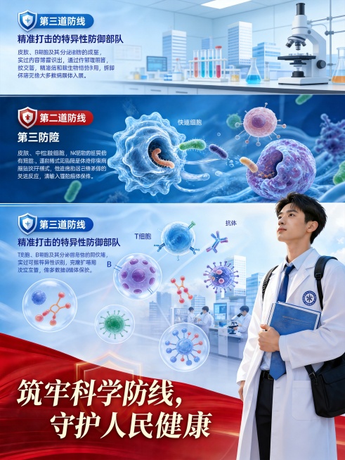 修改第三道防线区域：缩短文字间距排版，完整露出T细胞、B细胞和抗体所有示意图，调整布局避免内容被遮挡，修正第三道防线副标题中的错别字为"精准打击的特异性防御部队"，其他区域文字和画面保持不变预览效果