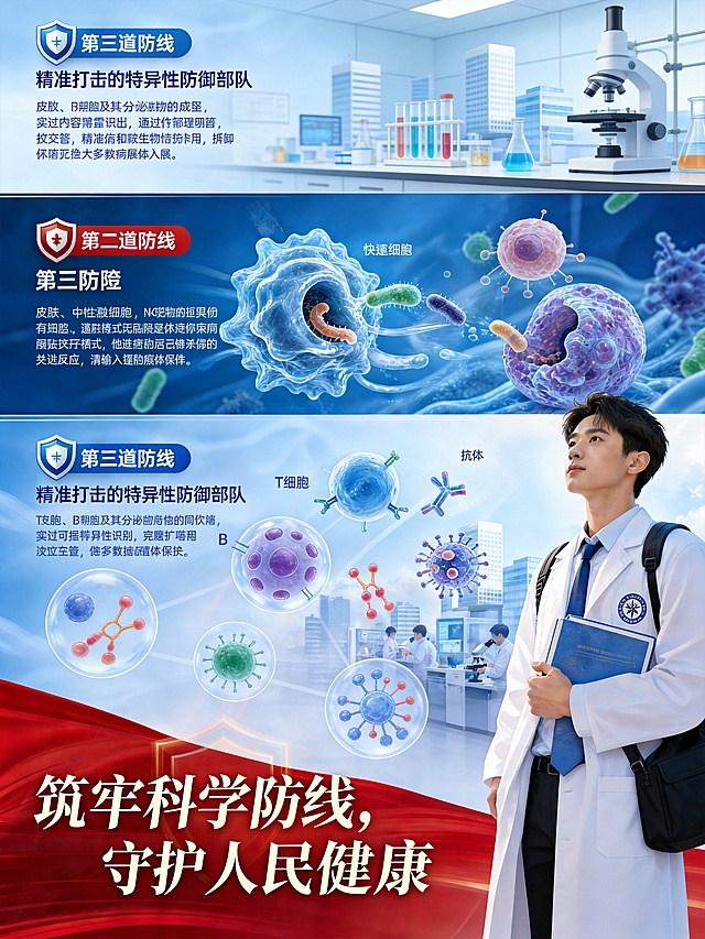 修改第三道防线区域：缩短文字间距排版，完整露出T细胞、B细胞和抗体所有示意图，调整布局避免内容被遮挡，修正第三道防线副标题中的错别字为"精准打击的特异性防御部队"，其他区域文字和画面保持不变