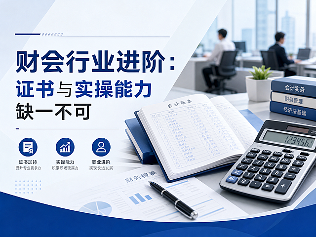 财会行业职业发展科普封面，简约商务风格，展示会计账本、计算器和职场办公场景，配文字“财会行业进阶：证书与实操能力缺一不可”，蓝白专业配色，干净大气