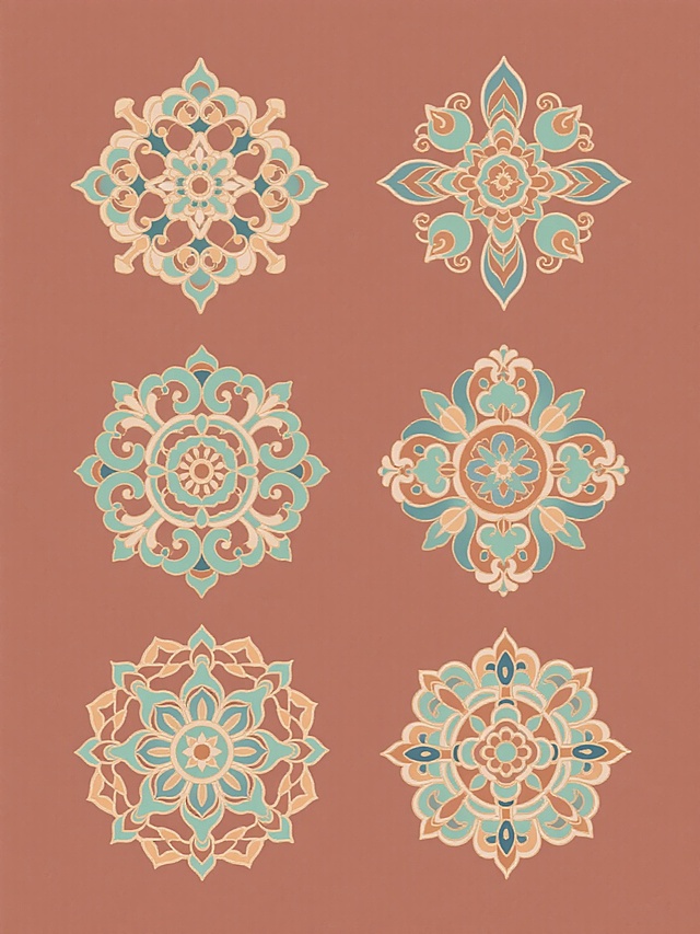 纯色背景上，以规整排布方式呈现的同风格系列素材集合，包含6个完全不同的敦煌风格传统纹样元素内容，保持与原图一致的精致线描轮廓、繁复对称结构和装饰性细节特征，整体画面色彩变换为新的和谐配色方案，延续原有的华丽典雅氛围与东方美学韵味，无任何文字和标识元素。
