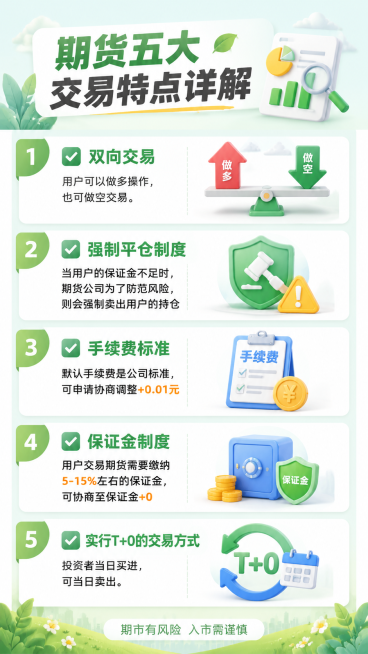 一幅介绍期货五大交易特点的信息图，版式清爽舒服，整体为小清新风格，内容顺序调整为：1双向交易 2强制平仓制度 3手续费标准 4保证金制度 5实行T+0的交易方式。画面包含标题"期货五大交易特点详解"，预览效果