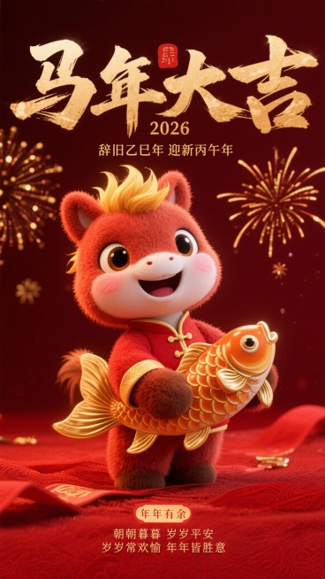生成 2026 马年新春 Q 版萌系海报，主色调正红 + 鎏金：Q 版毛绒质感小马形象 —— 红棕绒毛身躯，头顶焰状金黄鬃毛，圆眼亮瞳带高光，脸颊粉晕，身着红底金边中式短褂，咧嘴笑露萌齿，双手抱通体鎏预览效果