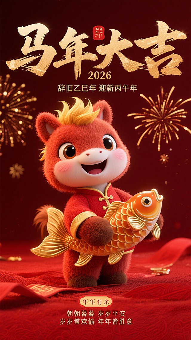软3D风格萌马拟人化，身着国潮红衣手持鎏金锦鲤，毛发生长质感细腻，喜庆烟花环绕，卡通可爱与传统年味交融，尽显2026丙午马年吉祥氛围。