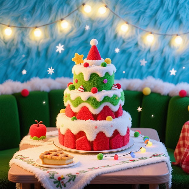 主体：立体毛绒圣诞蛋糕（三层结构，底层红绒、中层白绒、顶层绿绒，表面缀毛绒糖霜、毛绒彩球、毛绒星星）；点缀：毛绒餐垫（奶白短绒，绣圣诞花纹）铺在桌面，摆 1 个迷你毛绒圣诞帽、1 串小毛绒彩灯；甜品：1 个迷你毛绒苹果派（红绒表层，“苹果块” 是红绒拼接，铺白绒奶油边），放蛋糕旁；场景：星光灯 + 暖黄主光结合，照亮蛋糕绒面蓬松感，背景是局部毛绒墙面（仅圣诞装饰区域裹绒），氛围梦幻聚焦主体