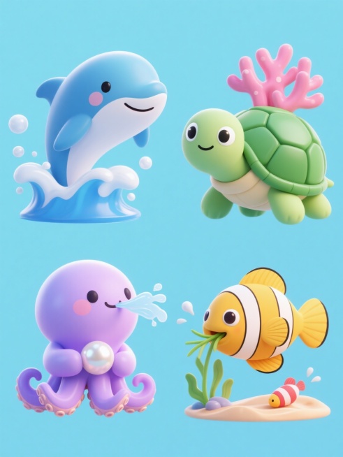 3D风格海洋动物系列素材集合，统一采用明亮浅蓝色纯色背景，保持圆润可爱的Q版造型、光滑细腻的渐变材质、柔和的光影效果和简洁明快的设计风格，四个完全不同的海洋动物元素规整排布：左侧上方是跃出蓝色浪花、周围环绕白色气泡的微笑海豚，右侧上方是顶着粉色珊瑚、睁着圆溜溜大眼睛的绿色海龟，左侧下方是抱着珍珠、吐出水流的紫色章鱼，右侧下方是摆动尾巴、口含海草的黄色小丑鱼，每个动物都带有对应的海洋元素细节和动……预览效果