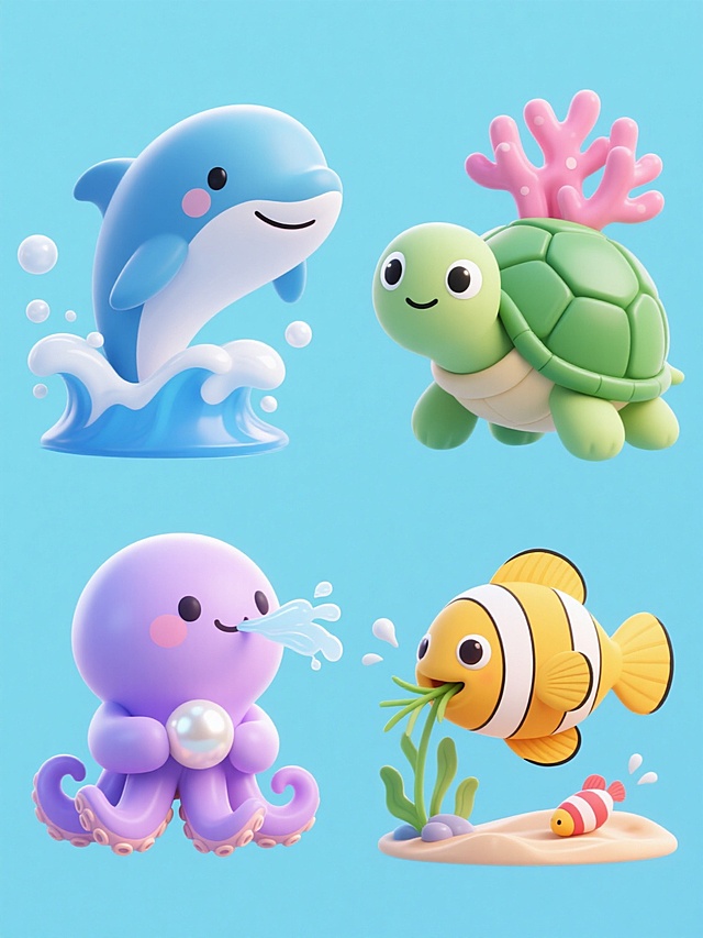3D风格海洋动物系列素材集合，统一采用明亮浅蓝色纯色背景，保持圆润可爱的Q版造型、光滑细腻的渐变材质、柔和的光影效果和简洁明快的设计风格，四个完全不同的海洋动物元素规整排布：左侧上方是跃出蓝色浪花、周围环绕白色气泡的微笑海豚，右侧上方是顶着粉色珊瑚、睁着圆溜溜大眼睛的绿色海龟，左侧下方是抱着珍珠、吐出水流的紫色章鱼，右侧下方是摆动尾巴、口含海草的黄色小丑鱼，每个动物都带有对应的海洋元素细节和动态效果，整体画面清新治愈，充满童趣。