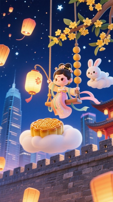 空中 Q 版嫦娥提着花灯坐在云朵秋千上，秋千绳系着月饼串，Q 版玉兔趴在旁边飘着的桂花枝上，下方是古城墙与摩天大楼相邻，夜空点缀星星和纸灯笼预览效果