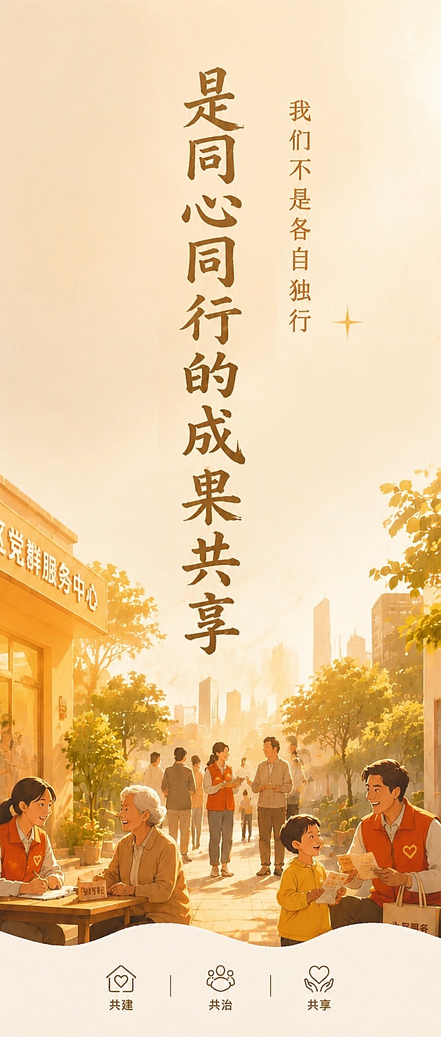 基于参考图进行修改，保留原图的版式骨架、插画风格、暖金色调、社区街道场景、党群服务中心建筑、志愿者与居民人物、树木和远景城市，以及底部「共建」「共治」「共享」三栏图标结构。仅替换文字内容：将画面中央竖排大字主标题替换为「是同心同行的成果共享」，将右侧竖排小字副标题替换为「我们不是各自独行」。文字字体风格、排版位置、大小层级与原图保持一致，主标题为大字竖排居中，副标题为小字竖排位于主标题右侧。画面中所有文字必须清晰可读，不得有错字、漏字。整体氛围温暖治愈，阳光柔和，版式精美。
