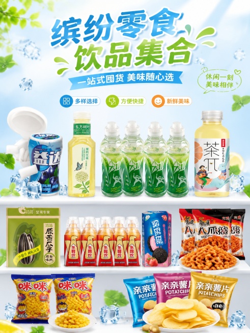 设计一张A4尺寸比例3:4的多商品营销海报，整体为清爽促销风，写实商业摄影，画面版式精美。主标题为"缤纷零食 饮品集合"，副标题为"一站式囤货 美味随心选"，装饰文案为"休闲一刻 美味相伴"，卖点为"预览效果