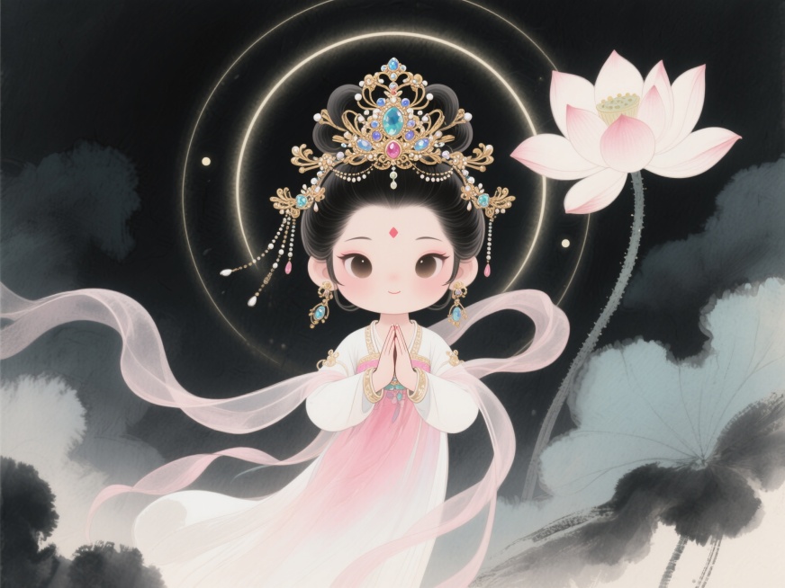 中国传统水墨风格与数字艺术结合的插画，Q版古典女神形象宛如从古籍中走出的仙子，头戴繁复精致的头饰，镶嵌璀璨宝石和细腻金饰，身着粉白渐变长裙，轻盈飘带随风舞动，双手合十姿态优雅，背景圆形光环点缀，中央绽预览效果