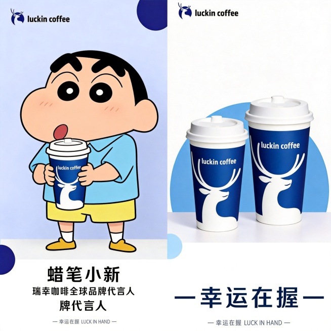 参考原图布局，为瑞幸咖啡设计宣传海报，左侧是蜡笔小新手持瑞幸咖啡杯，右侧摆放瑞幸咖啡杯，保留瑞幸咖啡logo，文案包含：“蜡笔小新 瑞幸咖啡全球品牌代言人”，“幸运在握 LUCK IN HAND”，蓝预览效果
