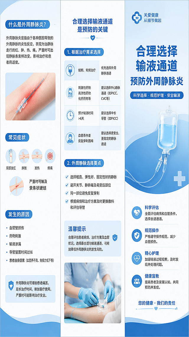 设计医疗健康教育三折页，主题为"合理选择输液通道，预防外周静脉炎"，风格专业干净，医疗蓝白配色，包含科普知识图文排版