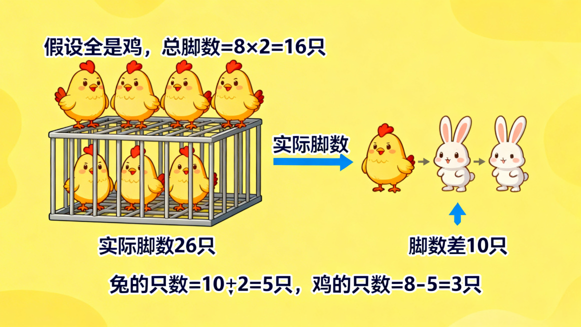 拟人化鸡兔同笼假设法推理动画，第一步：笼子里8只鸡，标注文字“假设全是鸡，总脚数=8×2=16只”；第二步：对比实际26只脚，标注脚数差10只，动画演示“给鸡添脚变兔”，每只添加2只脚变成兔子；第三步预览效果