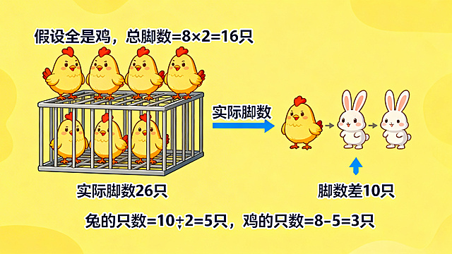 拟人化鸡兔同笼假设法推理动画，第一步：笼子里8只鸡，标注文字“假设全是鸡，总脚数=8×2=16只”；第二步：对比实际26只脚，标注脚数差10只，动画演示“给鸡添脚变兔”，每只添加2只脚变成兔子；第三步：动态计算标注“兔的只数=10÷2=5只，鸡的只数=8-5=3只”，整体风格清晰直观，童趣拟人，适合六年级小学生理解推理过程，分辨率1080P
