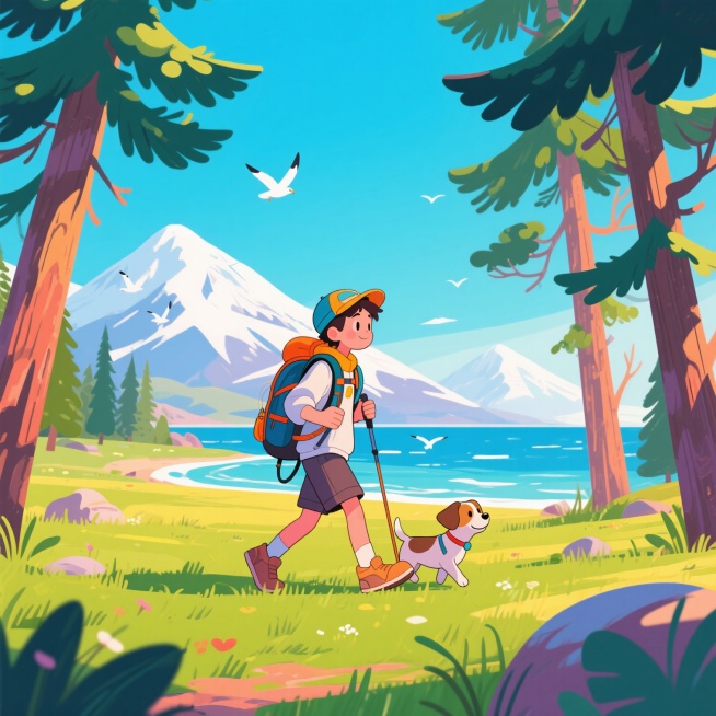 一个热爱冒险的年轻人，身边带着一只小狗，背着背包，徒步旅行，松林，草原，树林，雪山，大海，海鸥，风景背景，旅游景色，潮流配色，高饱和度，多巴胺预览效果