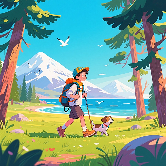 清新插画风，卡通人物与狗狗拟人化探险，背景雪山湖景，充满自然生机。
