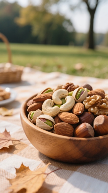 一个装满混合坚果的木碗，内含完整的杏仁、腰果、开心果、核桃和榛子，坚果表面纹理清晰，部分开心果露出绿色果仁，木碗边缘有自然木纹。整体采用写实摄影风格，柔和的自然光线从左上方照射，形成温暖的高光和柔和的阴影，坚果色彩饱满，呈现自然的棕褐色、米白色和绿色。背景改为户外野餐场景，木碗放置在铺有格子餐布的野餐垫上，周围散落几片枫叶，远处有模糊的绿色草地和树木，整体氛围温馨自然，保持原图的景深效果和细腻……预览效果