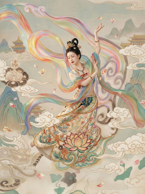 真人模特身披敦煌风格五彩斑斓且轻盈飘逸的彩带，身着绣有精美莲花图案的华丽裙裾，在天空中翩翩起舞，模特身体周围环绕着敦煌风格的祥云和飘花，背景不要太浮夸预览效果