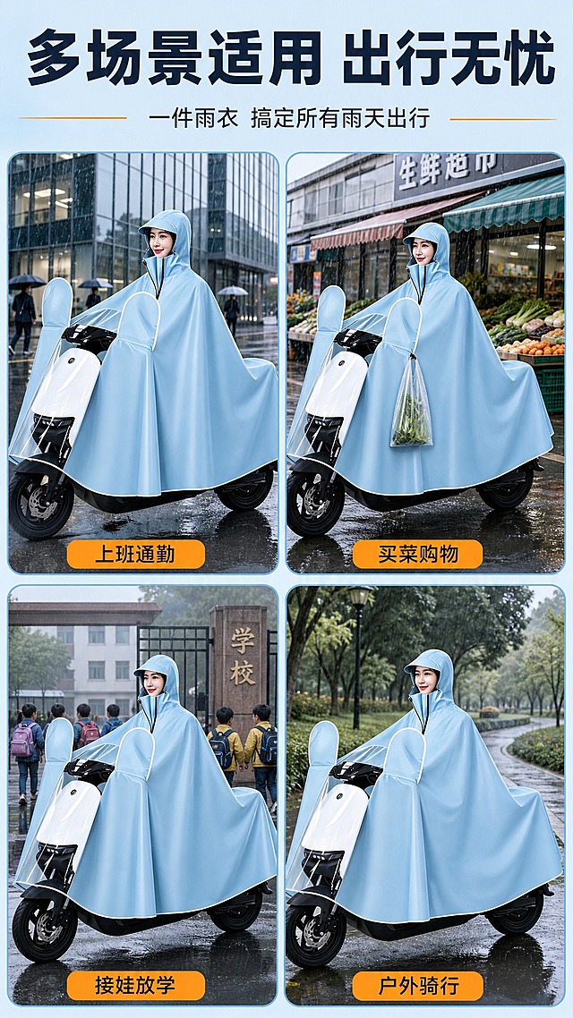 [商品] 使用【图1】浅蓝色电动车带袖雨衣；保留全部结构和浅蓝色；展示雨衣在不同生活场景中的使用状态。
[画面] 页面目标：多场景适用，出行无忧；构图：上方大标题，下方4宫格场景拼贴，每格一个场景：1. 上班通勤（写字楼前）2. 买菜购物（菜市场/超市外）3. 接娃放学（学校门口）4. 户外骑行（公园小路）；每个场景中模特都穿着同款浅蓝色雨衣骑电动车；背景：每个小格有各自场景背景，整体用浅蓝边框统一。
[视觉] 套系策略：风格=拼多多接地气商业摄影风，高信息密度大字报；标题字=粗黑黑体，厚重醒目；正文字=常规黑体，清晰可读；主色=清新浅蓝；背景延展=4个不同场景但整体色调统一为雨天蓝调；强调色=亮橙黄色，仅用于场景名称标签和分隔线；标题色=深灰蓝；正文色=深灰；组件=4宫格边框、场景名称标签、橙黄色分隔线；光影=各场景自然雨天光线，整体和谐统一。
[文字] 顶部主标题"多场景适用 出行无忧"，副标题"一件雨衣 搞定所有雨天出行"；4宫格每格下方标注场景名："上班通勤""买菜购物""接娃放学""户外骑行"；全部横向排版。
[规格] 图片比例9:16竖版，4K，拼多多风格，避免变形、错字、文字过小、极限词、平台Logo。