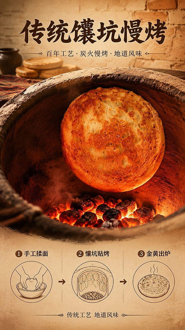 [第7屏] 传统烘烤工艺-馕坑慢烤工艺展示。本屏使用【图2】作为产品主体，置于工艺场景中。
[氛围/风格] 传统工艺感，新疆馕坑文化，烟火气十足，商业摄影质感。
[元素布局] 画面上半部分为传统馕坑烘烤场景示意，炭火红光，馕饼贴在馕坑壁上烘烤（馕饼外观与输入图一致）；下半部分为三步工艺流程图；背景为土黄色砖墙纹理，充满传统烘焙氛围；馕饼主体占比约30%，位于场景中自然展示。
[光影质感] 馕坑内暖红色火光映照，整体暖色调，光影层次丰富，有传统烘烤的温度感。
[配色色系] 全局底色 #F5E6D3（暖土黄）；主色炭火橙 #CC5500；辅助色土黄 #C4A35A、深棕 #4A3728。
[视角构图] 上下分屏布局，上场景下流程，阅读动线从上到下。
[文字版式] 顶部主标题「传统馕坑慢烤」，温润宋体，深棕色；下方三步工艺横向排列，每步配简笔图标：「① 手工揉面」「② 馕坑贴烤」「③ 金黄出炉」，圆角黑体；底部小字：「传统工艺 地道风味」；文字清晰，层级分明。
[比例分辨率] 9:16竖版比例，4K分辨率，文字清晰可辨，高清画质。
[负向提示词] 馕饼变形，颜色偏差，水印，文字错乱，场景不真实，背景杂乱。