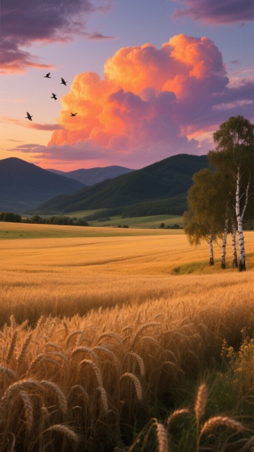 一片广阔无垠的金色麦田，麦穗饱满低垂，在夕阳的余晖下泛着温暖的橙黄色光芒，远处是连绵起伏的墨绿色山峦，天空中漂浮着几朵巨大的火烧云，云彩呈现出橘红与紫色的渐变，几只飞鸟掠过天际，近处的麦田边缘点缀着几预览效果