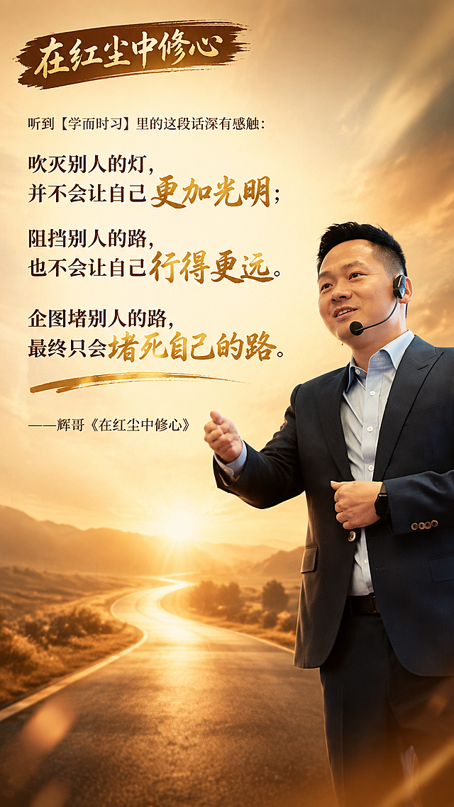 个人IP金句海报，竖版9:16，明亮温暖的暖棕金色调，有智慧感和力量感。人物必须完全保留原图中的真实样貌，100%还原本人形象，只更换背景和添加文字，人物面部和身体不得有任何重绘和变形。画面右侧是穿深色西装的亚洲男性讲师半身像，人物完全保留原图样貌，清晰真实，光影柔和有质感。背景替换为明亮的暖金色渐变，有淡淡的光束和道路延伸的意境，暖棕金调，通透温暖有层次感，四周轻微暗角，电影质感。文字排版：左上角有栏目名「在红尘中修心」。画面左侧顶部有小字引言：「听到【学而时习】里的这段话深有感触：」，字号较小。下方主金句三句排比，书法体大字，每句一行：「吹灭别人的灯，并不会让自己更加光明；阻挡别人的路，也不会让自己行得更远。企图堵别人的路，最终只会堵死自己的路。」，其中「更加光明」「行得更远」「堵死自己的路」金色高亮，三句层层递进。主金句下方有金色笔刷横线装饰。底部署名：「——辉哥《在红尘中修心》」。整体色调明亮温暖有力量，暖棕金色。人物必须与原图一模一样，不得改变样貌。严格按照用户提供的原文排版，不新增任何额外内容，引言部分也要完整保留。画面中必须完整且仅呈现以下文字信息：听到【学而时习】里的这段话深有感触：吹灭别人的灯，并不会让自己更加光明；阻挡别人的路，也不会让自己行得更远。企图堵别人的路，最终只会堵死自己的路。——辉哥《在红尘中修心》。在红尘中修心。