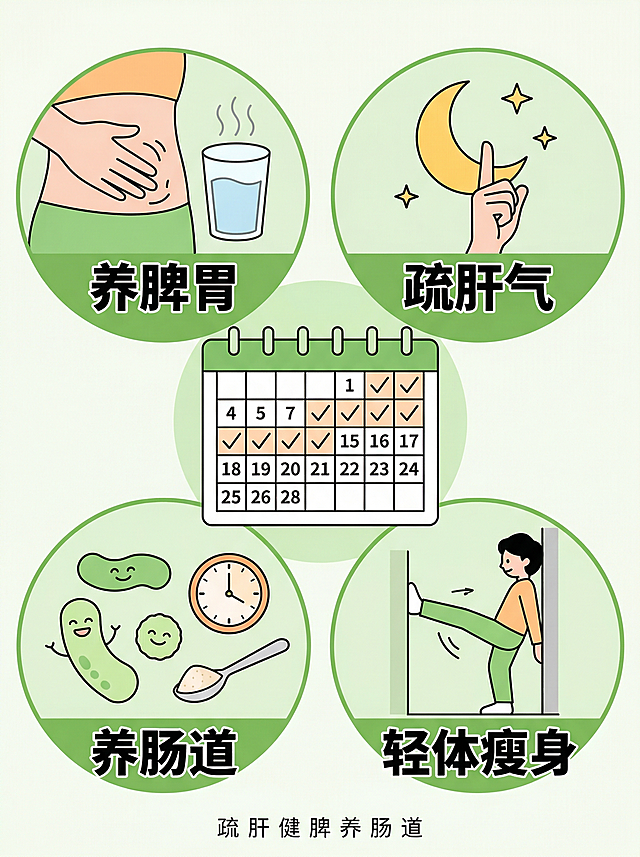 信息图风格插画，四宫格圆形图标，春日嫩绿浅橙色系，左上角圆形图标：一杯温水加揉腹手势，标注养脾胃，右上角圆形图标：月亮星星加发嘘符号，标注疏肝气，左下角圆形图标：益生菌加时钟，标注养肠道，右下角圆形图标：靠墙站小人加蹬腿动作，标注轻体瘦身，中央位置是一个28天日历，多个日期打勾，底部有小字“疏肝健脾养肠道”，整体清新扁平风，干净浅色背景，适合手机阅读