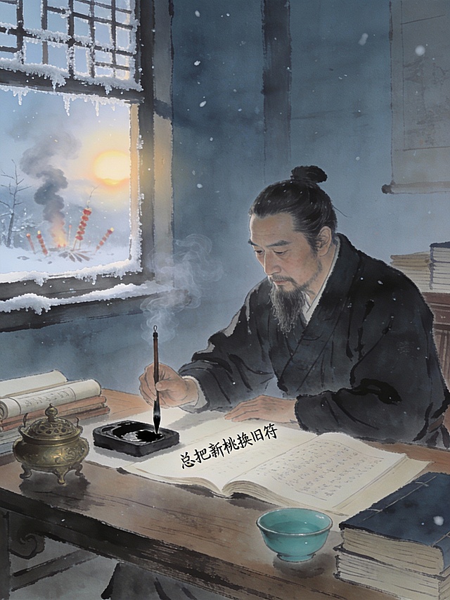 北宋风格书房，冬日清晨，窗外微光，窗棂结薄霜。一位中年文士（王安石形象：清瘦、蓄须、穿深色襕衫）坐在书案前，正提笔书写，砚台墨微凝，他呵气暖笔，神情专注而坚定。桌上摊开诗稿，隐约可见“总把新桃换旧符”字样。窗外远处有隐约爆竹烟雾与晨光，室内简朴雅致，有书卷、铜炉、青瓷茶盏。整体色调：冷灰蓝与暖木色对比，氛围静谧而充满内在力量。中国水墨画风格，细腻写实，8K高清。