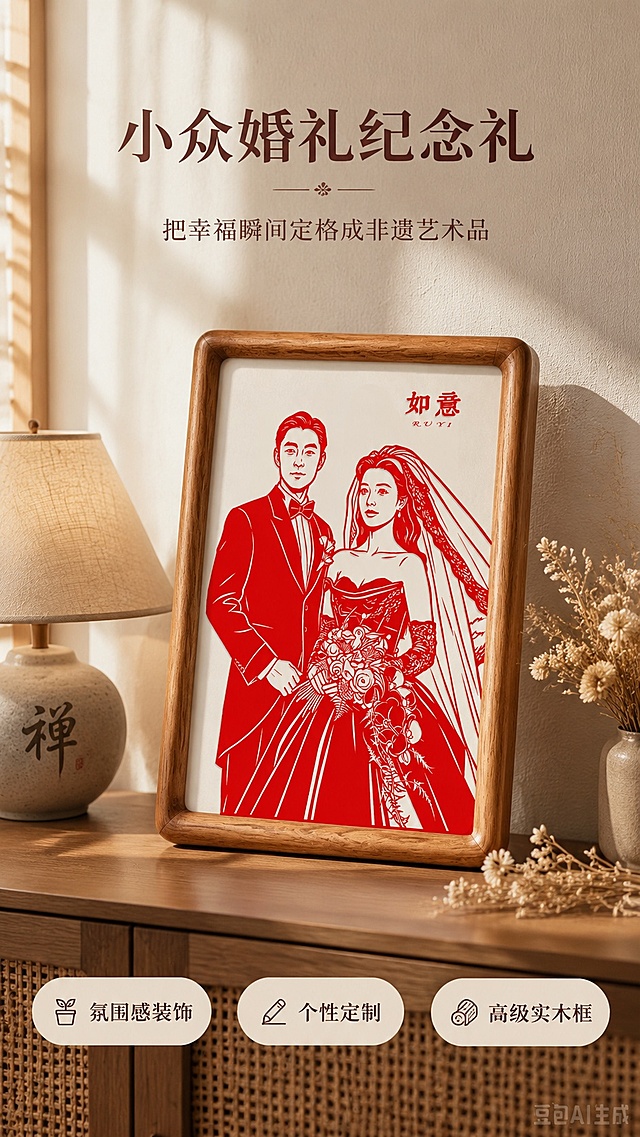 [第2屏] 详情页场景种草屏-展示非遗剪纸肖像作为婚礼礼物摆放在家居玄关场景。本屏使用【图2】作为商品主体。
[氛围/风格] 温馨雅致中式家居氛围感，暖调光影，实景拍摄质感，传递浪漫婚礼纪念意义。
[元素布局] 剪纸肖像摆放在浅胡桃木玄关台面上，左侧搭配一盏禅意陶瓷台灯，台面点缀一小束干花，背景是浅灰色硅藻泥墙面，剪纸产品位于画面视觉中心，占比约65%，保留剪纸和原木外框原有结构、颜色和图案不改变。
[光影质感] 左侧窗边自然光柔和照射，产品下方自然阴影，整体明暗层次均匀，突出木质外框温润和剪纸红色鲜艳度。
[配色色系] 全局底色 #E8E4DD，主色原木色+红色剪纸，辅助色浅灰墙面，暖棕台面，干花米白点缀。
[视角构图] 45度斜侧视角，景深适中，主体突出，阅读动线从上到下自然流畅。
[文字版式] 顶部主标题「小众婚礼纪念礼」，副标题「把幸福瞬间定格成非遗艺术品」，底部三个卖点标签：氛围感装饰 | 个性定制 | 高级实木框，文字不遮挡主体，排版清晰层次分明。
[比例分辨率] 9:16竖版比例，4K分辨率，文字清晰可辨，高清画质。
[负向提示词] 产品变形，缺件错件，颜色偏差，文字错乱，水印，文字过小，背景杂乱，结构错误