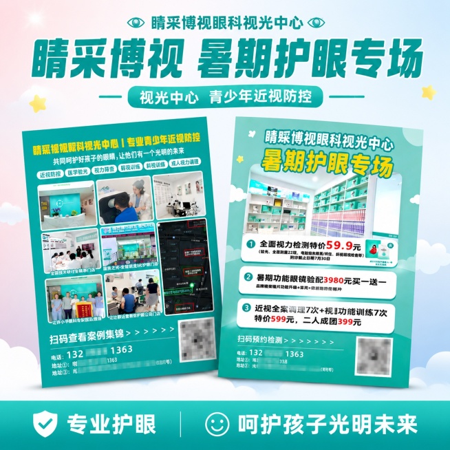 [单张主图] 睛采博视眼科视光中心 暑假护眼专场活动宣传单 电商主图，爆款促销感主图，目标是突出暑期护眼活动优惠，吸引用户到店体验
[参考比对] 参考图采用双宣传单展示版式，青绿色为主色调，左侧展示门预览效果