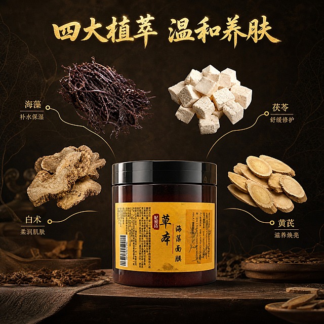 [主图-2] 核心成分解析，展示草本海藻面膜的四大植萃成分。
[统一基调] 整体偏深色中药材氛围，深棕墨绿暗调国潮风格，主标题用烫金书法体，辅助文字用细黑体，金色为强调色，深棕底色，营造古朴高级的中药房质感。
[画面] 产品罐位于画面下方居中，占画面约35%，正面展示。上方悬浮四种核心中药材原料，呈环形围绕产品上方：左上是干海藻束，右上是茯苓切片，左下是白术根茎，右下是黄芪片。每种成分用细金线引线连接到产品，引线末端标注成分名称。背景是深色纹理宣纸质感，隐约有中药叶脉暗纹。
[光影质感] 商业摄影质感，柔和顶光打在产品和成分上，每种中药材都有清晰的纹理细节和体积感，悬浮成分有轻微投影增加层次感，产品底部有真实接触阴影。
[配色] 深棕宣纸底色 + 药材自然色 + 金色引线和标注 + 产品黄标，整体深色统一。
[文字版式] 画面顶部居中主标题"四大植萃 温和养肤"，烫金书法大字。四种成分旁分别标注："海藻 补水保湿"、"茯苓 舒缓修护"、"白术 柔润肌肤"、"黄芪 滋养焕亮"，金色细黑体小字。文字放在负空间，不遮挡产品和药材主体。
[输出要求] 1:1比例，文字清晰可读，产品外观与输入图一致，无变形错字，无水印无平台Logo，画面专业有质感。
