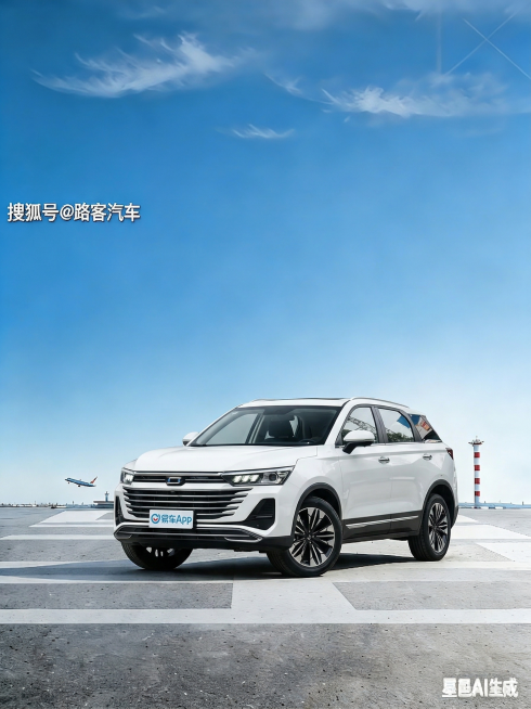 将图片中的车辆替换为图2的白色奔腾SUV，保持图1原有的尺寸、蓝色天空机场跑道背景、文字"搜狐号@路客汽车"水印、整体构图和光影效果不变，精准匹配图1的拍摄角度，保留原车白色车漆光泽，保持展现效果一致预览效果