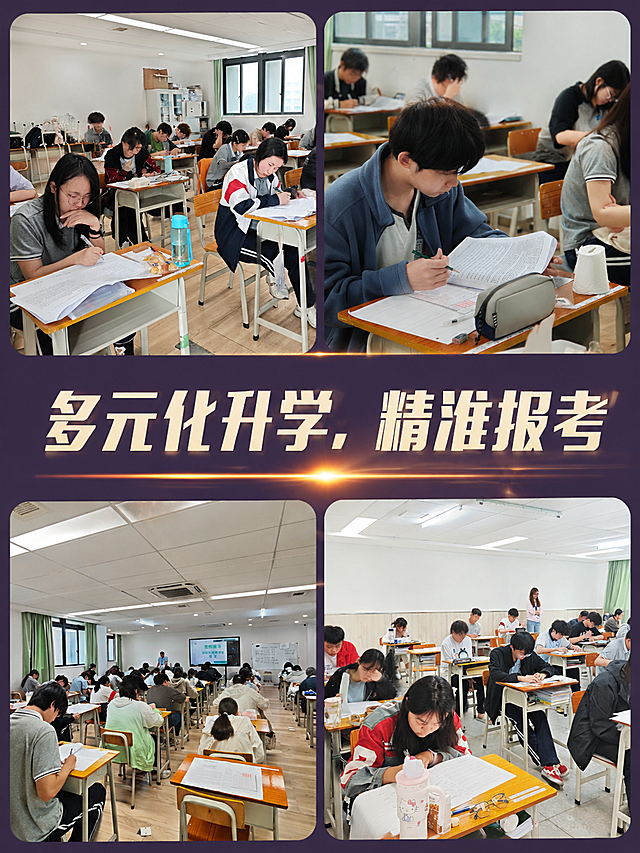 沿用上一张拼图模板（#593961背景色、3:4比例、四图拼合），将新四张课堂学习图片拼合成一张海报, 添加文字“多元化升学，精准报考”，文字居中醒目，排版清晰协调，保留原图真实感