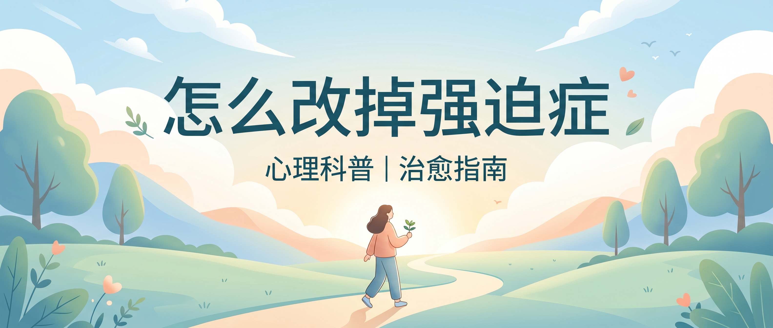 公众号文章封面图，主题是“怎么改掉强迫症”，简洁治愈风格，大字… - 图片创意预览
