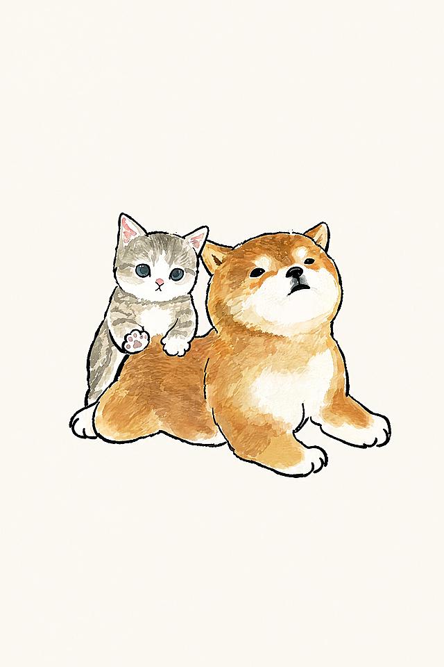 从参考图中提取门帘上的柴犬与小猫水彩插画图案，完整保留原图的所有图案元素、色彩、笔触和构图，不要改变任何图案细节。去除门帘中间的竖缝竖痕，去除布料褶皱和波浪痕迹，画面平整无折痕。尺寸比例为75×120（宽高比5:8），图案居中放置，空白区域填充与图案边缘衔接的米白色底色，背景底色均匀平整无纹理。高清印刷品质，分辨率极高，画面清晰锐利，适合印刷使用。