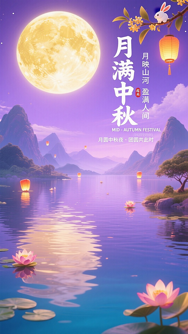 整体呈现淡紫色与金黄色的氛围，清澈透明的湖面，巨型的圆月，连绵的山脉，右上角伸出桂花枝，艺术字标题“月满中秋”，小字“月映山河 盈满人间“、“MID - AUTUMN FESTIVAL”、“月圆中秋夜・团圆共此时” 文字（枝头一只兔子、悬挂灯笼），湖泊上飘着小小的莲花灯，远处几个孔明灯。整体温暖氛围。图下半部分清爽