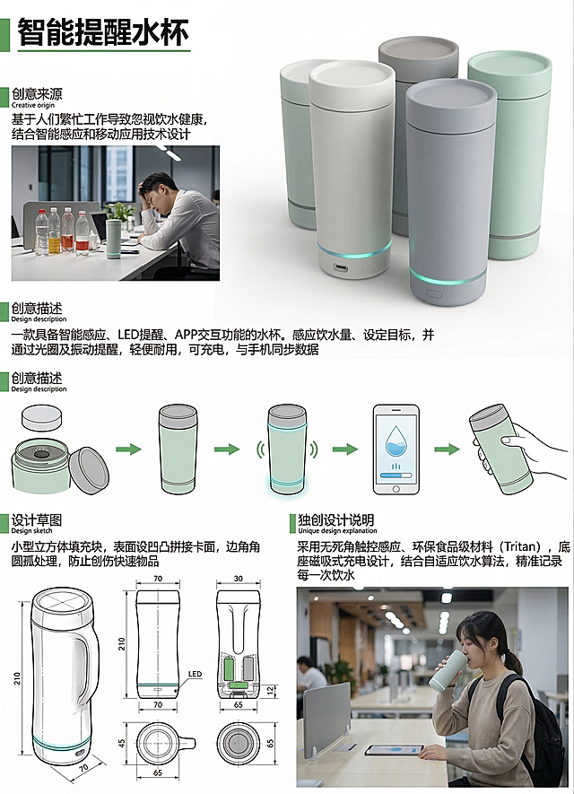 仿照参考版式设计智能饮水提醒水杯产品创意海报，内容包含作品名称"智能提醒水杯"、创意来源、创意描述、设计草图、设计样图、独创设计说明几个模块，整体排版清晰简洁，文字排版工整，左侧和下方分模块展示文字和示意图，右上角展示产品效果图，风格和参考图一致，白底绿色文字标题，现代简约设计风