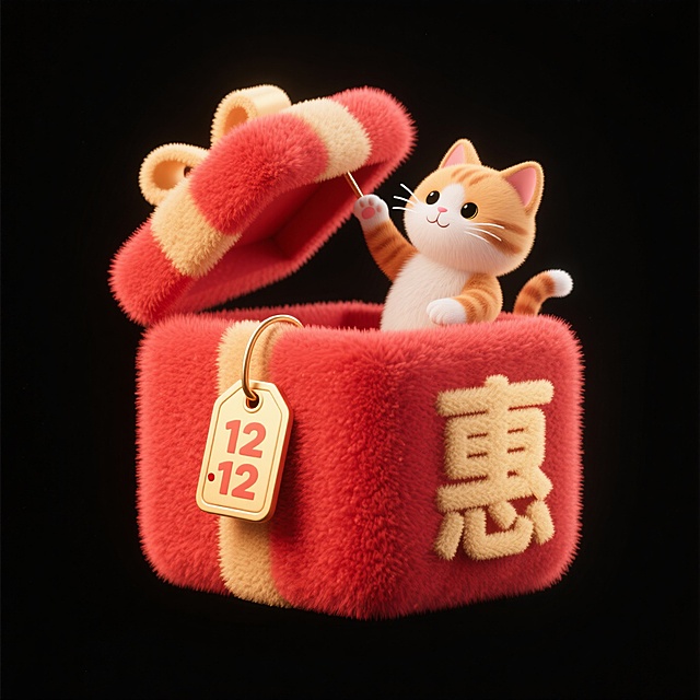 画面中心为一个可爱礼盒写着“惠”，礼盒被一只可爱小猫打开顶盖，“12·12”标签挂在礼盒上，红金多巴胺配色，纯黑色背景。