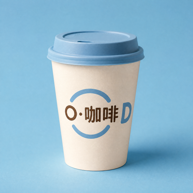 咖啡品牌O·咖啡的咖啡纸杯样机，印有O·咖啡品牌logo，主色调为天蓝色、深棕色、米白色，简约干净的商业样机展示预览效果
