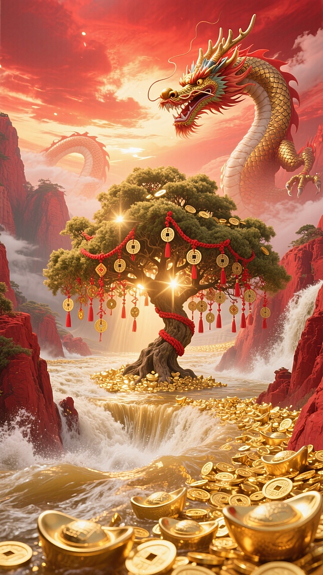 史诗般的场景，一条由无数金币和金元宝汇成的巨大河流，在红色的峡谷中奔腾流淌。天空中，祥龙的身影在红色的霞光中若隐若现，龙鳞反射出金光。一棵挂满红绳和铜钱的巨大发财树生长在河中央，光芒四射。画面壮观，充满神话色彩。