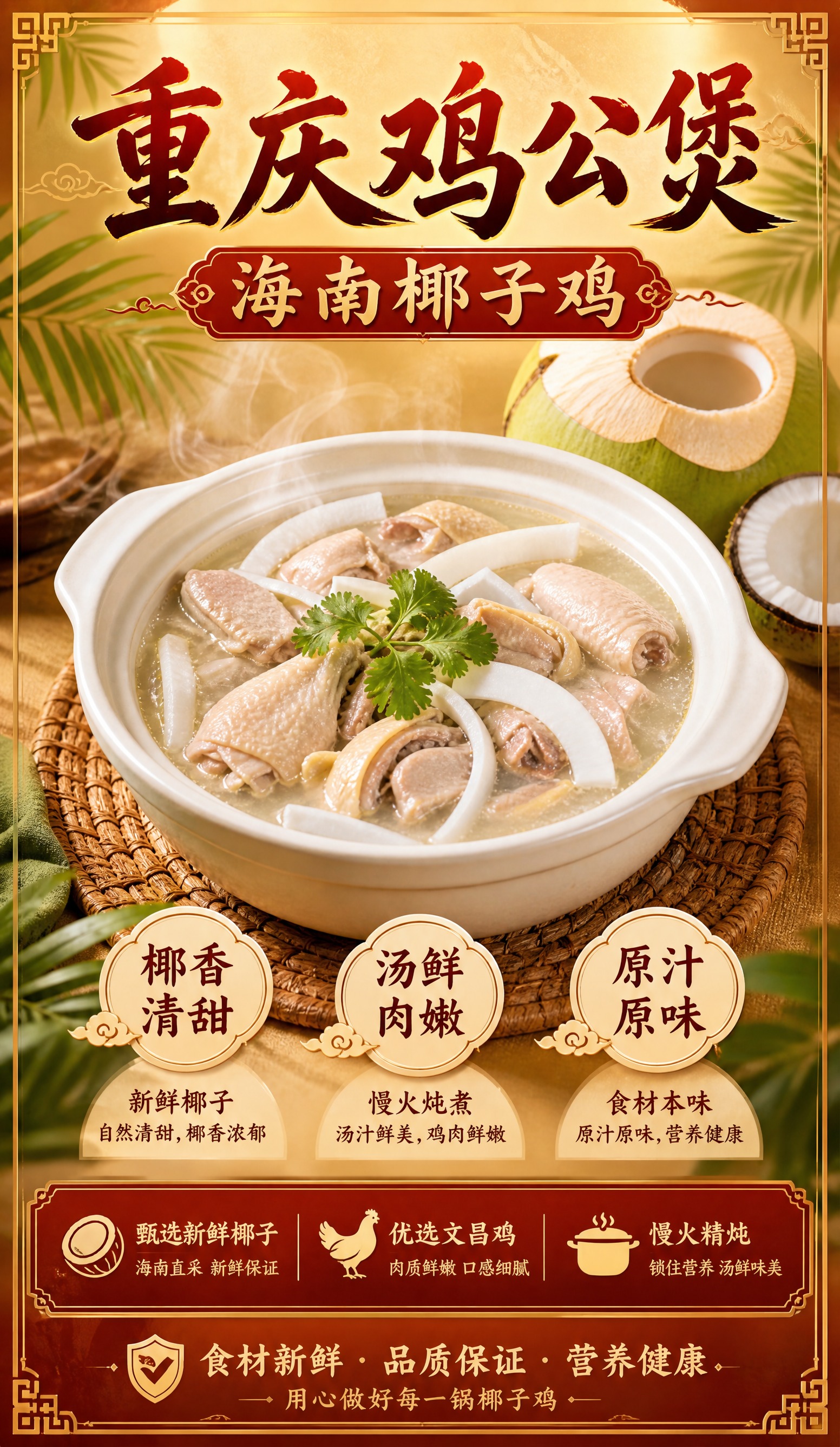 基于参考图的版式和风格重新设计海报，只保留海南椰子鸡单品内容。… - 图片创意预览