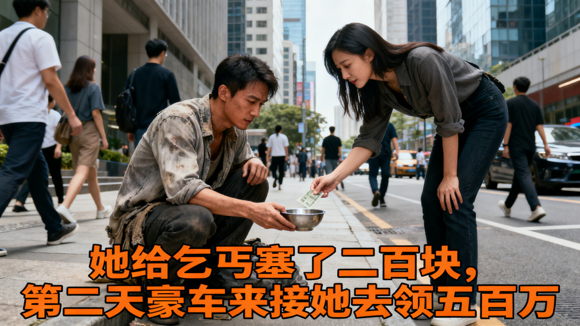 真人摄影风格，亚洲帅气中国男主角，五官英俊立体，身着旧衬衫蹲在城市街边，面前放着乞讨碗，一位亚洲美女弯腰往碗里放钱，其他路人绕道走开，现代都市街头场景，电影质感，图片底部叠加橙色加粗标题文字"她给乞丐预览效果