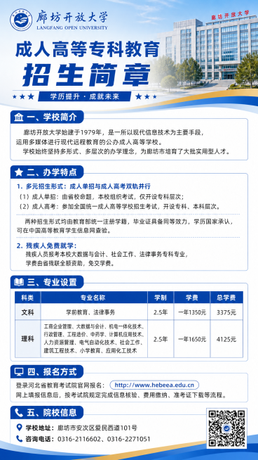 廊坊开放大学成人高等专科教育招生简章    一、学校简介 廊坊开放大学始建于1979年，是一所以现代信息技术为主要手段，运用多媒体进行现代远程教育的公办成人高等学校。学校始终坚持多形式、多层次的办学理预览效果